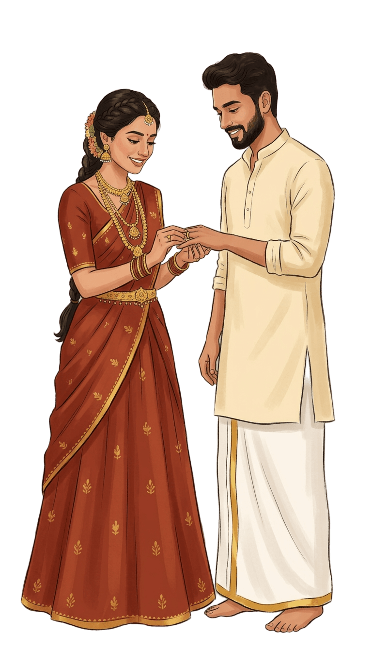The same couple as a painted portrait, head to foot, in silk and gold